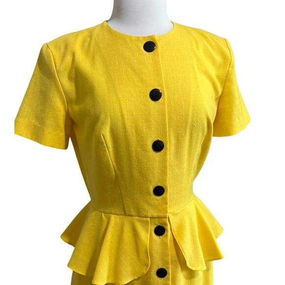 80s Apostrophe Sunflower Yellow Peplum Midi Dress Secretary Big Shoulder - Picture 2 of 6